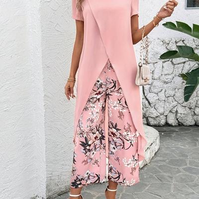 TEMU Women's Elegant Pink Floral Print Maxi Dress With Neckline - Casual Spring/summer Outfit, Polyester Fabric, Casual Attire, Casual Attire|floral Print Dress|polyester Dress Image