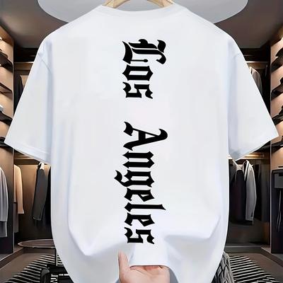 TEMU Mens Casual Crew Neck T-shirt, Los Angeles Print, 95% Polyester 5% Spandex, Stretch Knit Fabric, Regular Fit, Summer Fashion Top, 180gsm - White Image