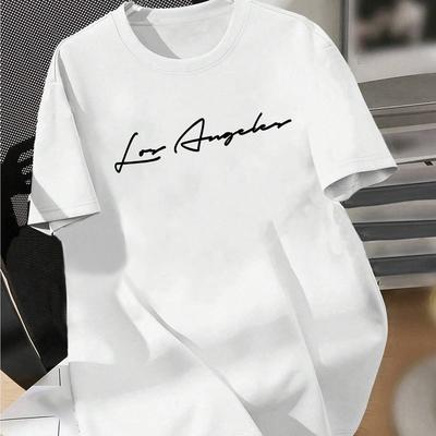 TEMU [elastane Fabric] Los Angeles-inspired Men's Royal Blue T-shirt - Casual Crew Neck, Short Sleeve With Geometric Print, Lightweight Polyester Blend, Summer Layering Image