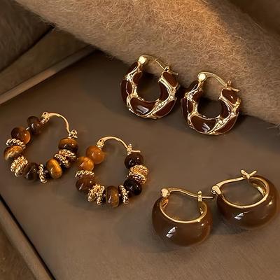 TEMU 3 Pairs Of Retro Elegant, Gentle And High-end Amber Bead Women's Earring Set Suitable For Daily Parties And Dances In All Image