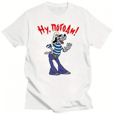 TEMU Men's Retro Wolf Graphic T-shirt- White Cotton Short Sleeve Tee With Russian Comic Cartoon Design, Loose Fit Streetwear Top For Summer Casual Wear, Wolf T Shirt Image