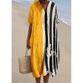Damen Midi Strandkleid A-Linie Leinen Urlaub Lässiges Strandkleid Lockere Passform Grafisch Geometrisch V-Ausschnitt Kurzarm Sommer