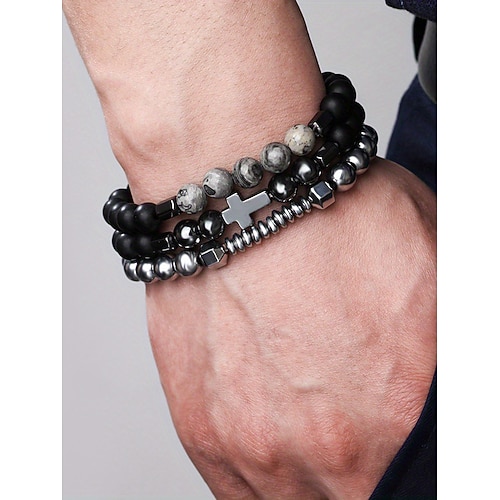 Set di braccialetti con perline di ossidiana e croce da uomo - perline di ossidiana opaca multistrato e metallo con decorazione in pietra preziosa grigia, design elastico, stile bohémien, adatto per l'uso quotidiano o per uscite informali
