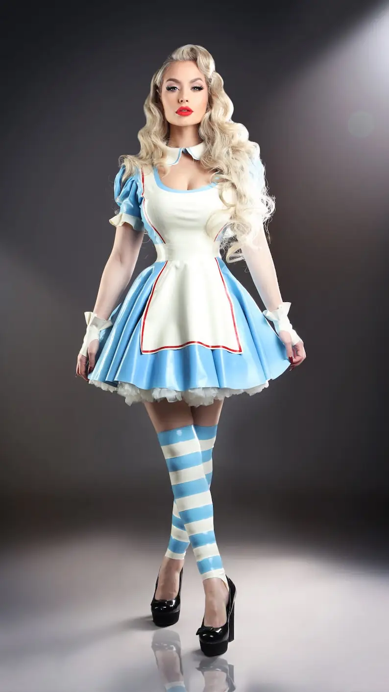 Maßgeschneidertes Eurocat Latex Wonderland inspiriertes Kleid Damen Gummikanzug Vollrock handgefertigt mit Schürzenrock klassischer roter Besatz Image