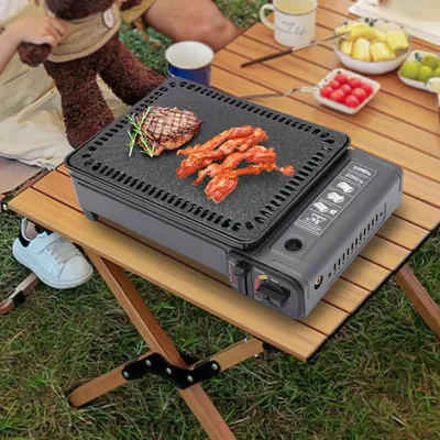 Tragbarer Tischgrill Gas, Camping-Gasgrill klein mit Backblech und Grillnetz für Campingreisen und Kochen im Freien