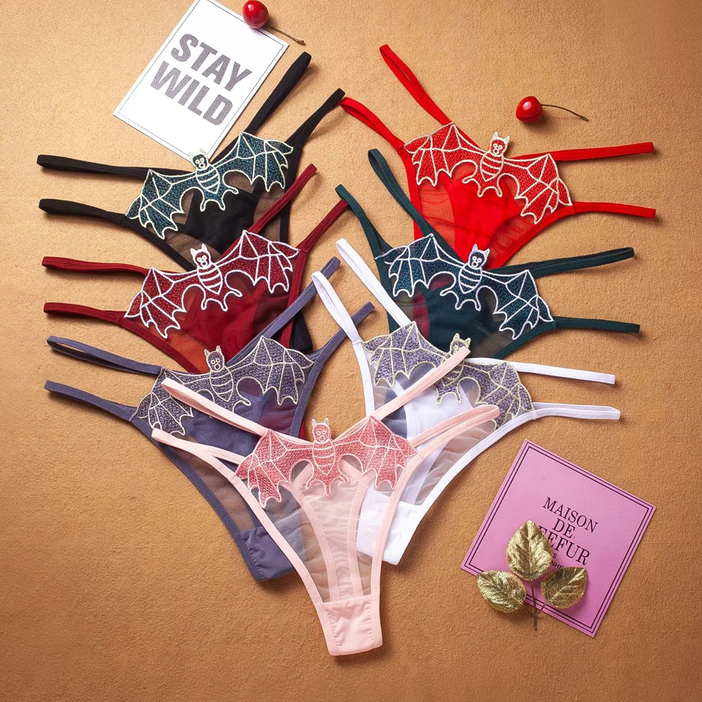 Damen Sexy Tangas Ultradünne transparente Höschen Fledermaus Stickerei Slips Porno Unterwäsche Dessous Schlüpfer G-Strings Sexy G-String Image