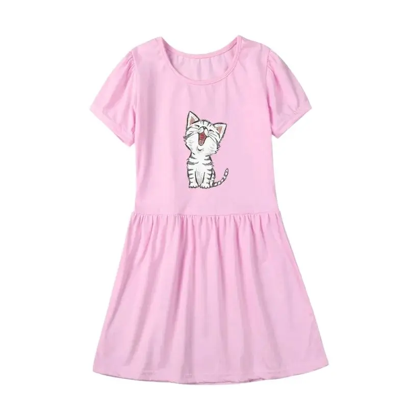 Baby Mädchen Kleid 2024 Neue Mädchen Elegante Rosa Kleid Nette Katze Drucke Kinder Kurzarm Baumwolle Kleider Image