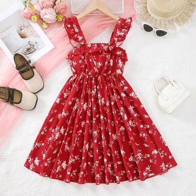 Sommerkleid für Mädchen im Alter von 8 bis 12 Jahren mit plissiertem bedrucktem Hosenträgerkleid, Image