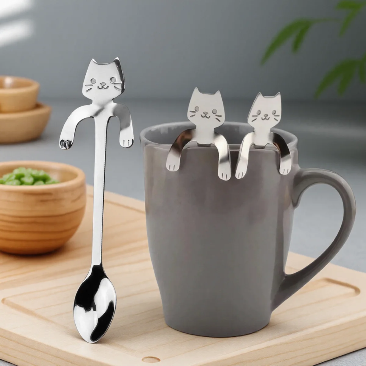 Nette Katze Cartoon Edelstahl Teelöffel Dessertlöffel Eis Löffel Küche Geschirr Image