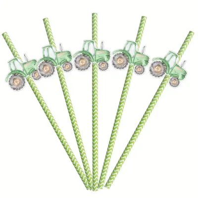 20Pcs Farmland Tractor Paper Straw Cartoon Green Tractor Drinking Straws For Farmland Happy Birthday Party Decoration Supply