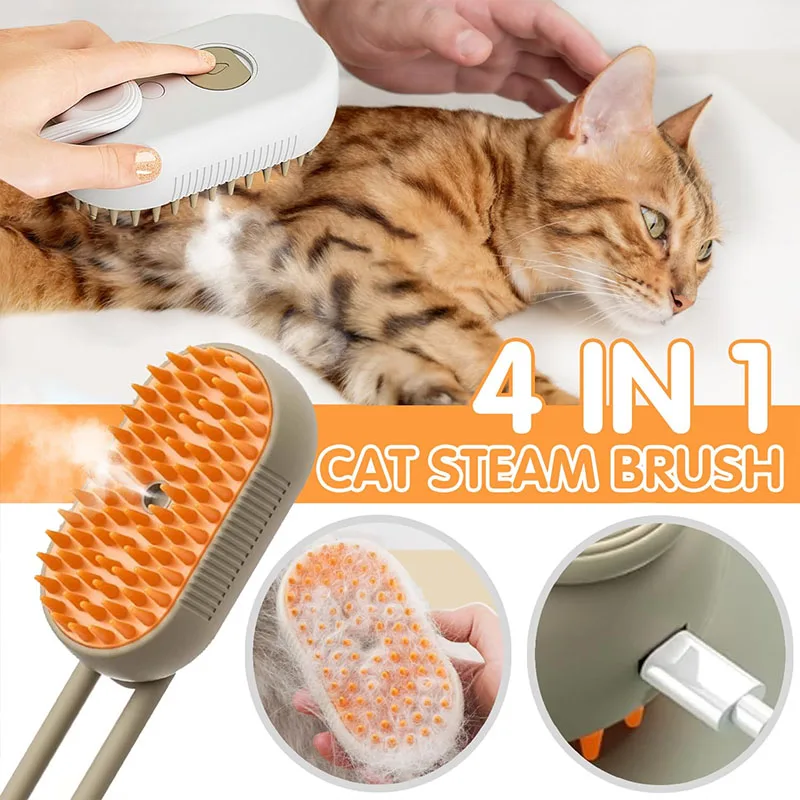 4-in-1-Spray für Katzen und Hunde, Massagebürste, Ein-Knopf-Dampfspray, zusammenklappbar, drehbar, schwimmendes Haar, Bad, Haarentfernungsbürste, Kamm Image