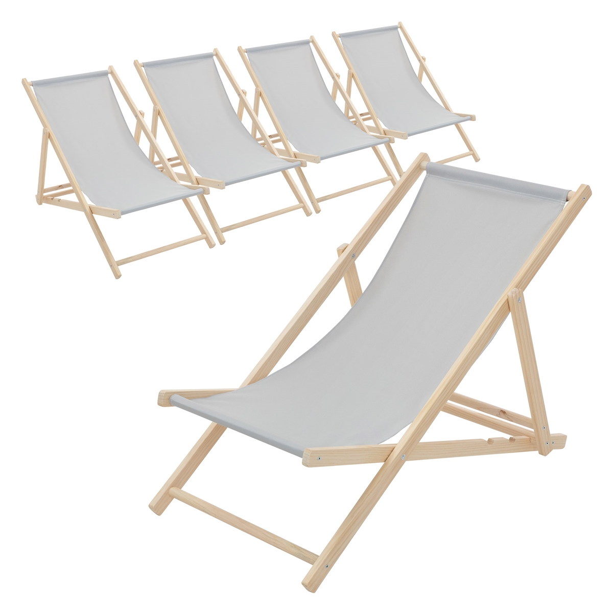 ECD Germany 5er Set Liegestuhl klappbar Hellgrau Holz, verstellbar 3 Positionen bis 120 kg, Sonnenliege Garten Strand Image