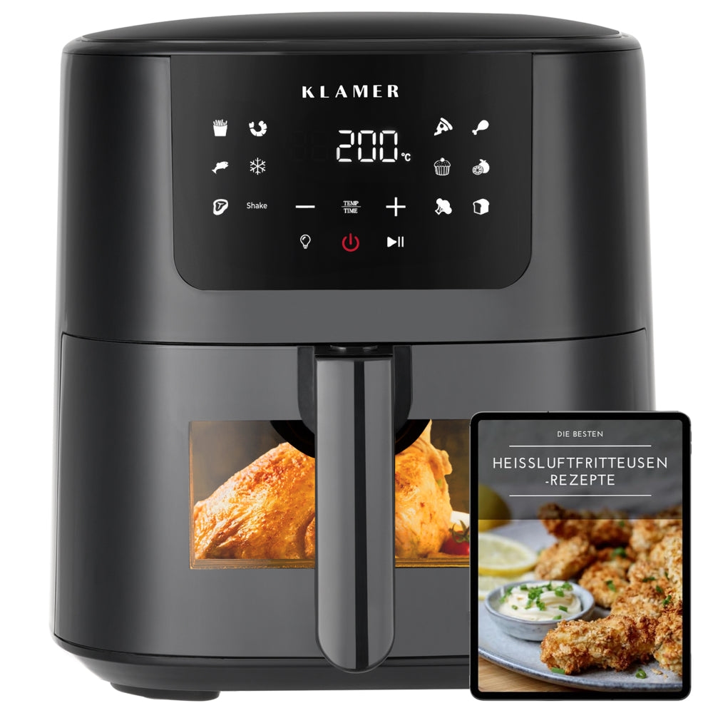 KLAMER Heißluftfritteuse 5l XL, Heissluftfritteuse mit Sichtfenster & Schüttel-Erinnerung, Ölfreier 1500W Airfryer mit LED-Touchscreen, digitalem deu… Image