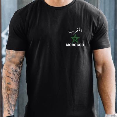 TEMU Men's Morocco Flag Print T-shirt, Casual Crew Neck Short Sleeve Tee, 100% Polyester Knit Fabric, Summer Top For - , Regular Length Image