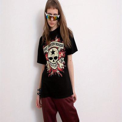 TEMU Vintage Cotton T-shirt - Skull & Graphic Tee 1982 - Black Unisex Streetwear Short Sleeve Round Neck Casual Top, Vintage Tshirt Image