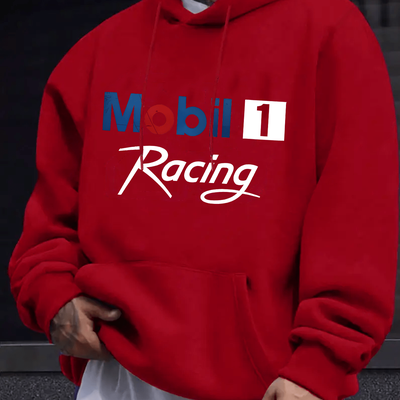TEMU Men' Gray Racing Graphic Hoodie - Cozy Fall/winter Sweatshirt With Front Kangaroo Pocket, Drawstring Hood, And Long Sleeves Image
