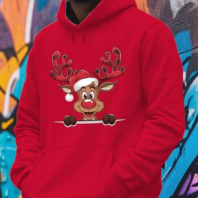 TEMU 1pc Men's Christmas Reindeer Print Hoodie - Casual Polyester Long Sleeve Pullover With Hood, Stretch Knit Fabric, Regular Fit For Fall/winter Image