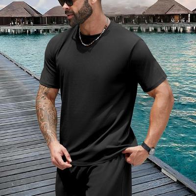 TEMU Solid Color Men's Waffle Round Neck Short Sleeved T-shirt And Drawstring Waist Shorts 2pcs Set, A Cool And Comfortable Men's Clothing For Sports And Fitness In Summer. Image