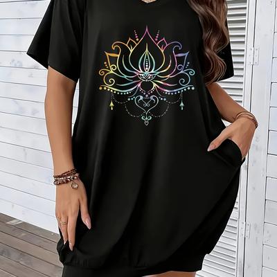 TEMU Women's Plus Size Casual Tunic Dress - Vibrant Floral Print, Short Sleeve, V-neck, Pocket, Lightweight & Comfortable For Spring/summer, Plus Size Dress | Floral Print Top | , Plus Size Dresses Image