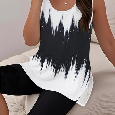 TEMU Women's Elegant Two-piece Set With Color Block Pattern Vest Top And Slit Shorts For A Fashionable Fit Image