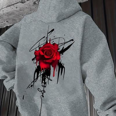 TEMU Men' Black Hooded Sweatshirt With Vibrant Red Rose Print - Cozy Fleece-lined Casual Pullover, Machine Washable, Winter Streetwear, Comfortable Hoodie | Print Hoodie | Artistic Image