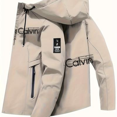 TEMU Men's Beige Hooded - Zip-up Windbreaker With Multiple Pockets, Casual Polyester Outerwear For Casual Attire, Windbreaker Jacket Image