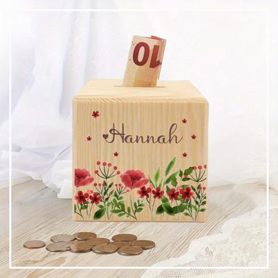 TEMU Personalized Floral Wooden Piggy Bank - Custom Name & Date, Cute Golden Lettering, Mixed Colors, Decor For Room, Shower, Or Room, Room Decor, Decorative Storage, , High-quality Image