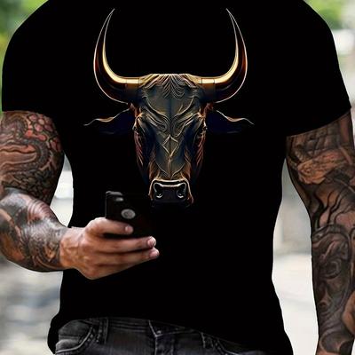 TEMU Men's 3d Printed Graphic Cotton T-shirt - 180gsm Loose Fit Casual Streetwear, Black With Vibrant Orange & , Round Neck Short Sleeve Summer Tee, Sporty Fashion, Soft Fabric Shirt Image