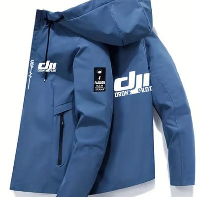 TEMU Men's Dji Drone Pilot Hooded Jacket - Lightweight Windproof Casual Outerwear With Zippered Pockets, Print, Regular Fit For Spring & Fall, Drone Enthusiast Apparel, Drone Clothes, Durable Fabric Image