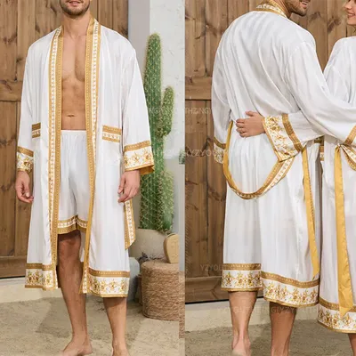 Männer Robe Nachtwäsche Barock Stil Druck Kimono Satin Peignoire De Douche Homme Paar Bademantel Nachtwäsche Bräutigam Lose Robe Image