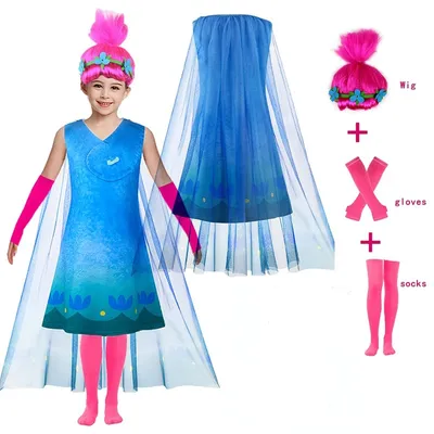 Mädchen Party Kleider Kinder Trolle Mohn Cosplay Kostüm Mädchen Blau Prinzessin Kleid Umhang + Image