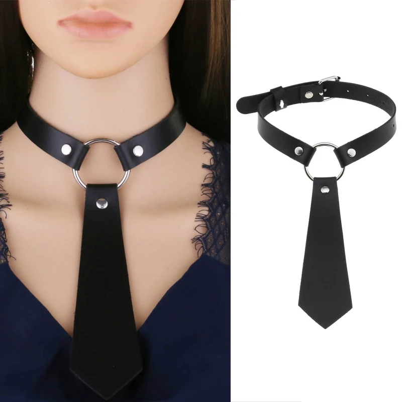Frauen Dark Gothic Imitation Leder Schwarz Krawatte Punk O-Ring Verzierte Halsband Halskette Vintage Persönlichkeit Cosplay Pre-gebunden DXAA