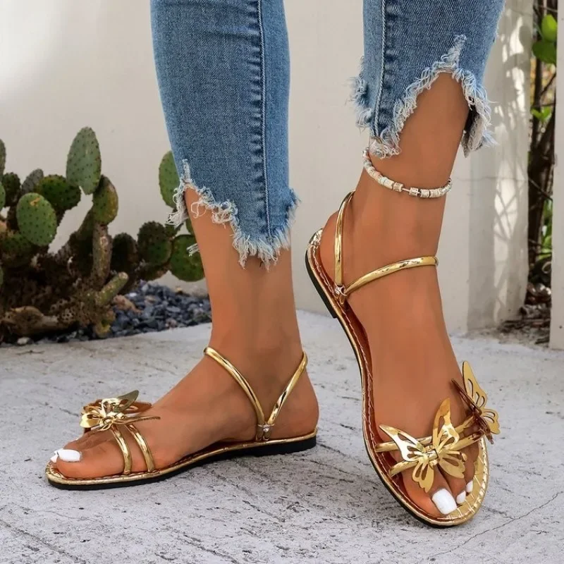 Damen Sandalen Sommer Bequeme Freizeitschuhe Flache Hausschuhe Damenschuhe Strand Schmetterling Gold Schuhe