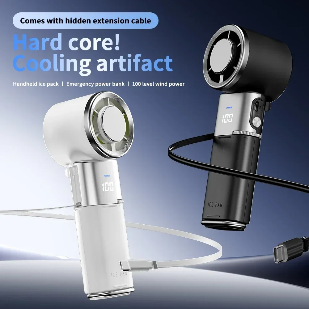 Tragbarer Lüfter Typ C, wiederaufladbar, 6000 mAh, Lüfter, Hochgeschwindigkeitskühlung, Ventilador-Lüfter mit einziehbarem Ladekabel, Aufladen für Telefon Image