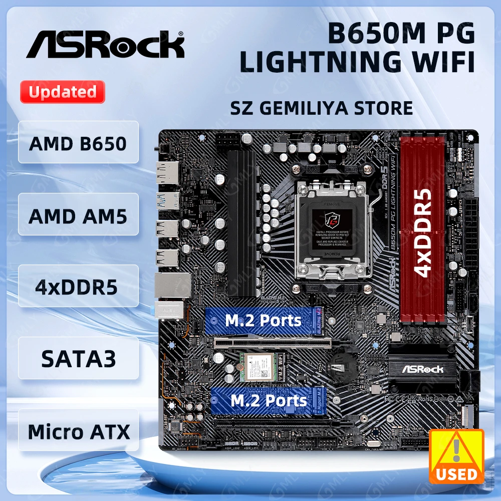 ASROCK B650M PG Lightning WiFi Motherboard AMD B650 Sockel AM5 unterstützt Ryzen 8700 Ryzen 7600 Ryzen PRO 8300 DDR5 256 GB M.2 Image
