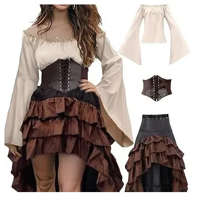 Verceco Piratenkostüm für Damen mit Renaissance-Piratenhemd, Rock, Korsett, Taillengürtel Image
