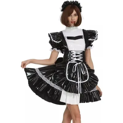 Sissy Schwarz und Weiß Sexy Maid Abschließbares PVC Kleid Cosplay Halloween Kostüm Party Angepasst Image