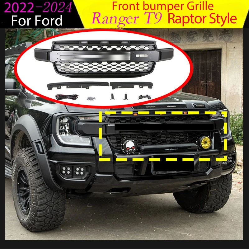 Griglia del paraurti anteriore adatta per Ford Ranger T9 2022-2024 Raptor con luci Style Griglie Body Kit Griglia di aspirazione aria Ricambi auto