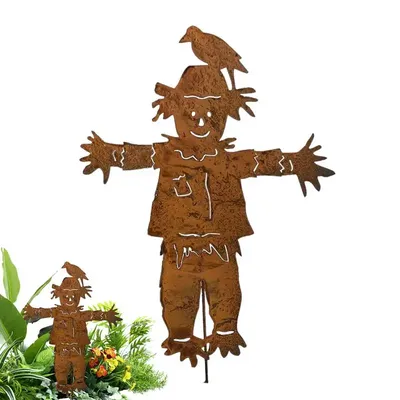Scarecrow Rusty Garden Stake Retro Patio Lawn Scarecrow Sign Art Metal Yard Ground Stakes Decoration For Fence Ornaments