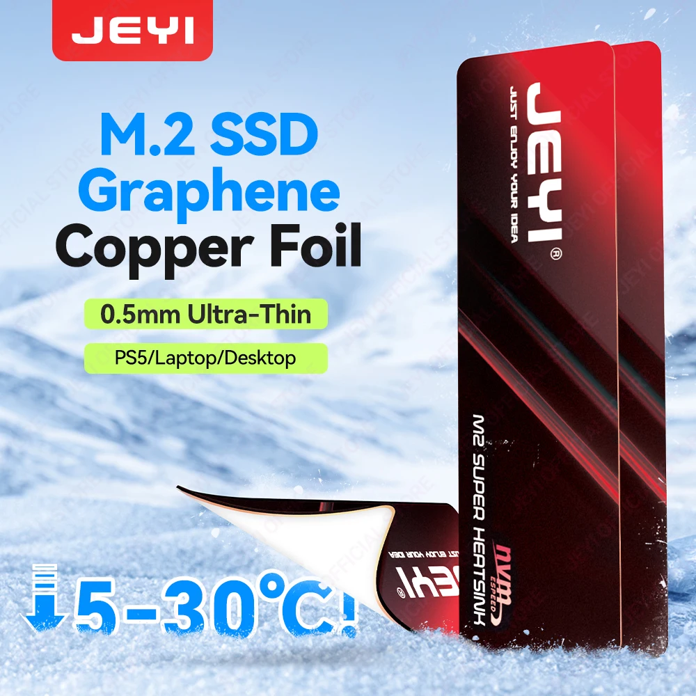 JEYI Graphene M.2 2280 SSD-Kupferfolien-Kühlkörper für NVMe/SATA SSD, ultradünn, 0,5 mm, hohe Wärmeleitfähigkeit, Kühlpad, 2/5 Stück Image