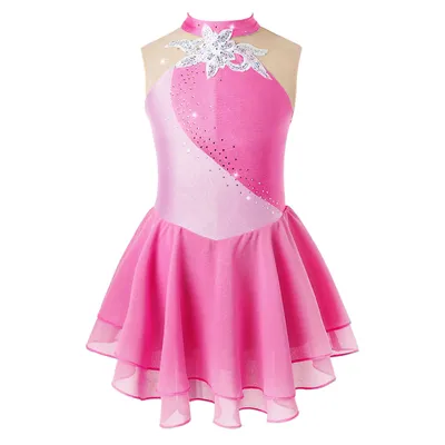 Child Girls Ballet Gymnastics Leotard Rhinestone Figure Ice Skating Dress Ballroom Dance Costume Training Performance Clothing