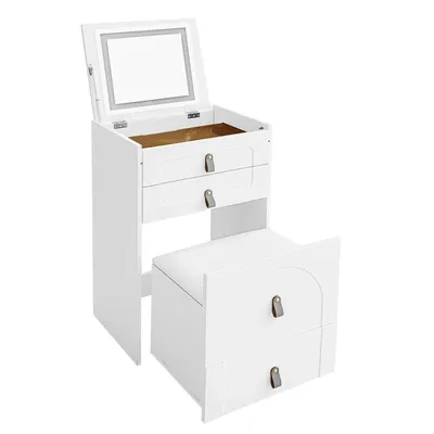 Bedside Table With Mirror And LED 3 Drawers Multifunctional Bedroom Cabinet Contains Make-up Stool Damming Table