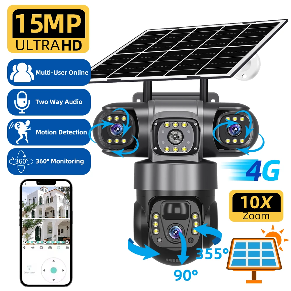 V380 Pro 15MP 6K 10X Zoom Triple Objektiv 4G Solar Outdoor Drei Bildschirm PIR Bewegungserkennung Sicherheit CCTV Kamera Image