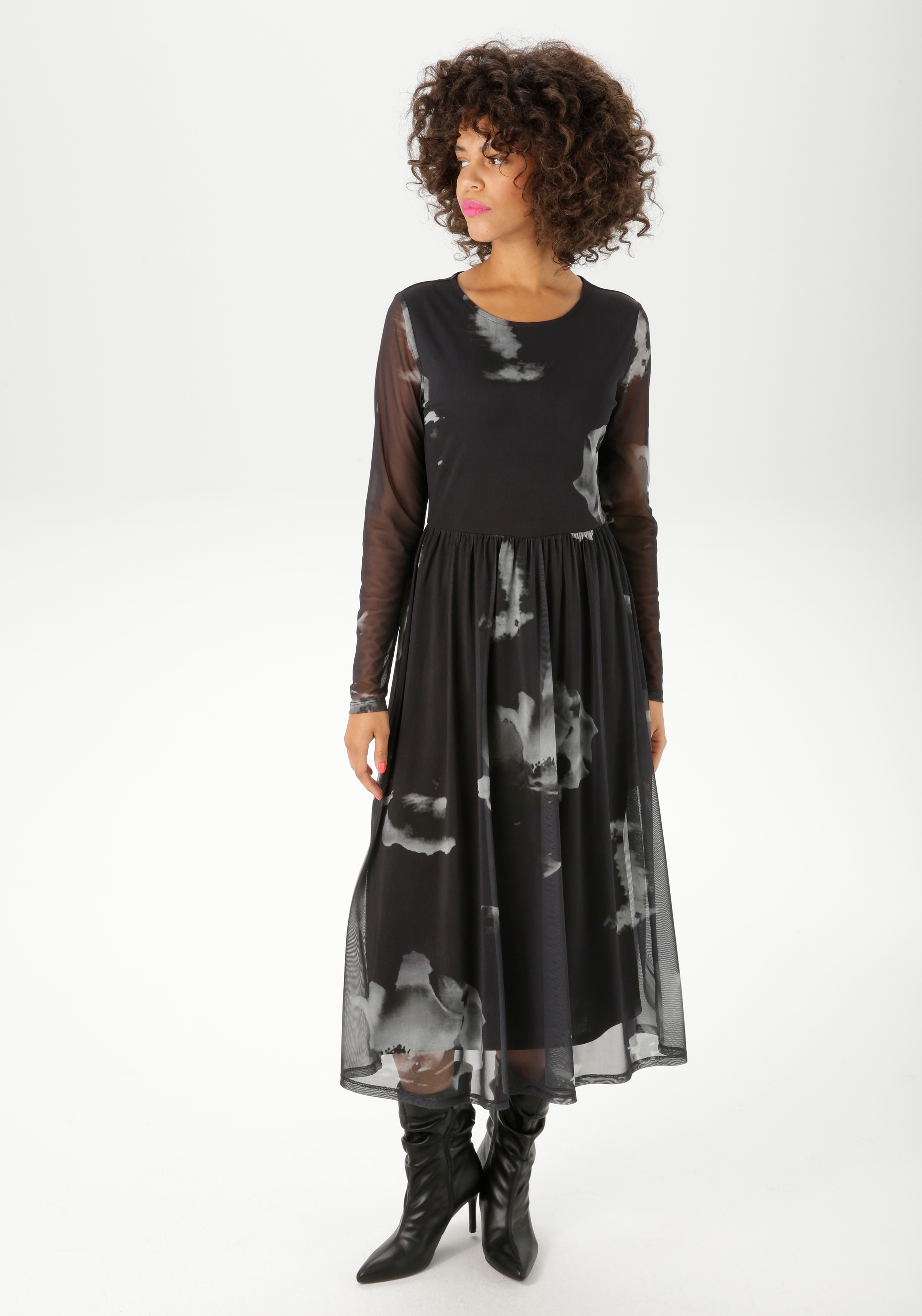 Midikleid ANISTON CASUAL, Damen, Gr. 48, N-Gr, grau (anthrazit, grau, hellgrau), Mesh, Obermaterial: 95% Polyester, 5% Elasthan. Futter: 100% Polyester, bedruckt, geblümt, figurumspielend wadenlang, Rundhals, Kleider Midikleid, mit großflächigen...