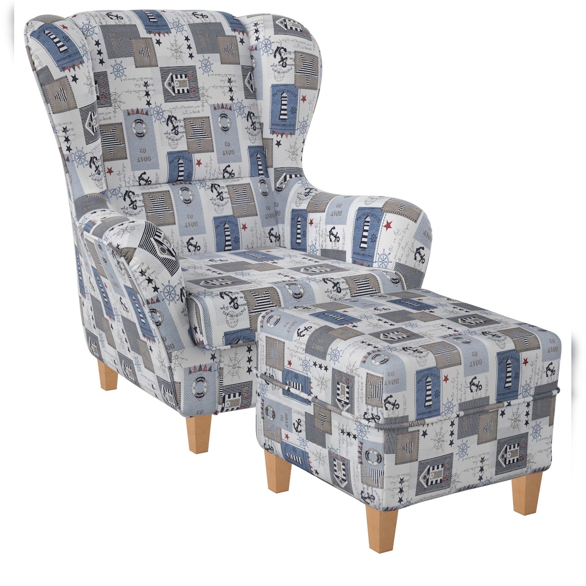 Supellex Sofia Ohrensessel mit Hocker Design Patchwork maritime Motive Image