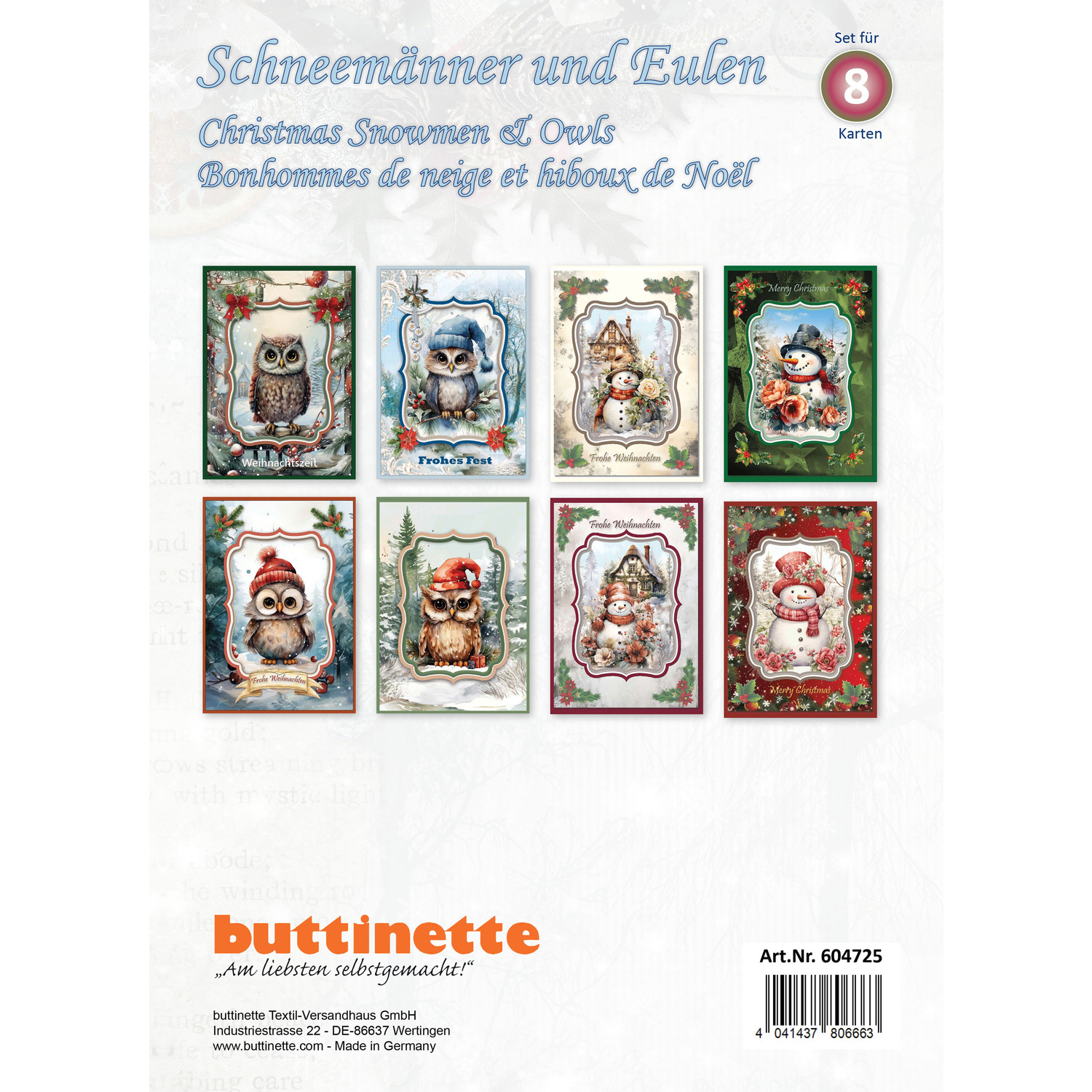Kit créatif pour cartes 3D "bonhommes de neige et chouettes", 8 cartes