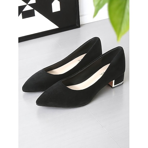 Damenpumps aus grauem Wildlederimitat mit Blockabsatz und spitzer Zehenpartie, niedrige Absätze für die Büroarbeit, Konferenzen und Geschäftsreisen Image