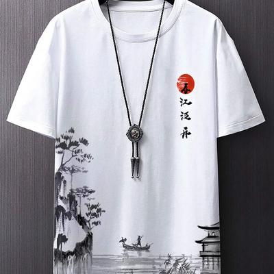 TEMU Men' Wash Landscape Print T-shirt - Mountain & Water Design With , Comfortable Round Neck Short Sleeve, Casual Summer Wear, Versatile For Casual Attire, Cultural Clothing | Graphic Tee | Image