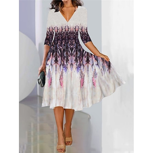Damen Maxikleid A Linie Kleid Halbformelle Kleider Büro Normale Passform Blumen Dreiviertelarm V Ausschnitt Schwarz Blau Purpur Grün Frühling Herbst Image