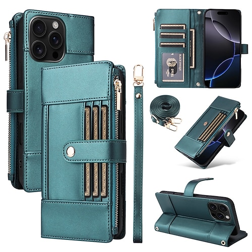 Handy Hülle Handyhüllen Für iPhone 16 15 14 Pro Max Plus 16e 13 Pro Max Brieftaschenhülle Mit Ständer Reisverschluss Vollschutz Retro TPU PU-Leder Image